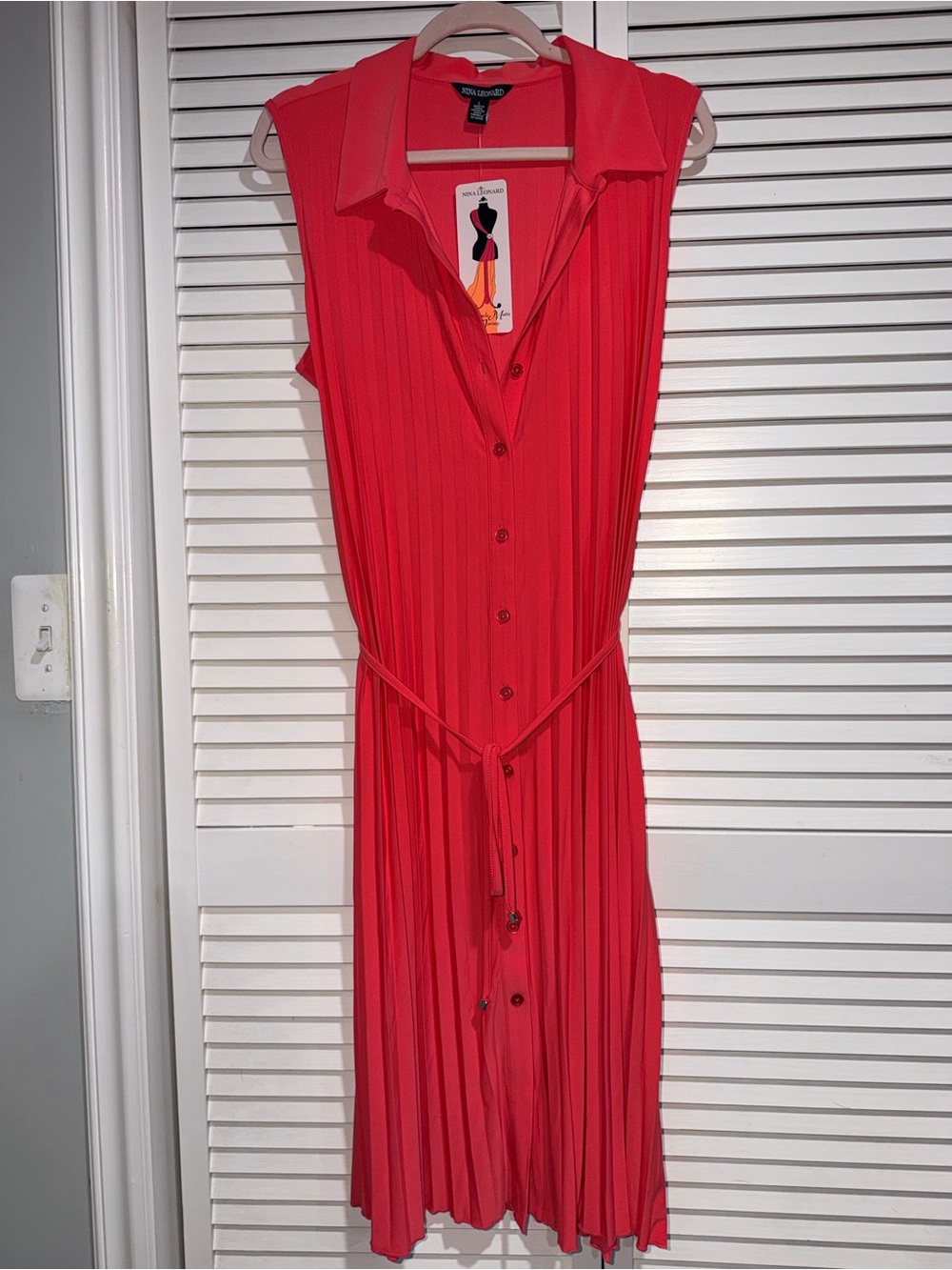 Nina Leonard Sleeveless Pleated Shirt Dress in Coral Red
